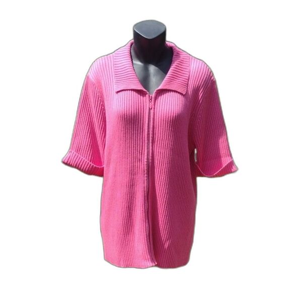 Quacker Factory Full Zip Short Sleeve Hot Pink Ribbed Cardigan with Size Large - Picture 1 of 9